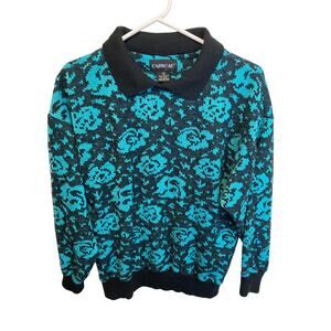 Carreau 80's Vintage Blue Floral Collared 80’s Long Sleeve Sweater Size Medium